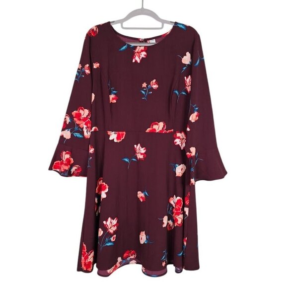 Old Navy Dresses & Skirts - OLD NAVY Fit & Flare Dress size L Long Flute Sleeves BURGUNDY RED Floral Cute!